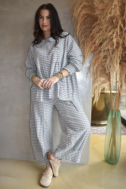 Annie Gingham Peter Pan Smock Blouse Denim -